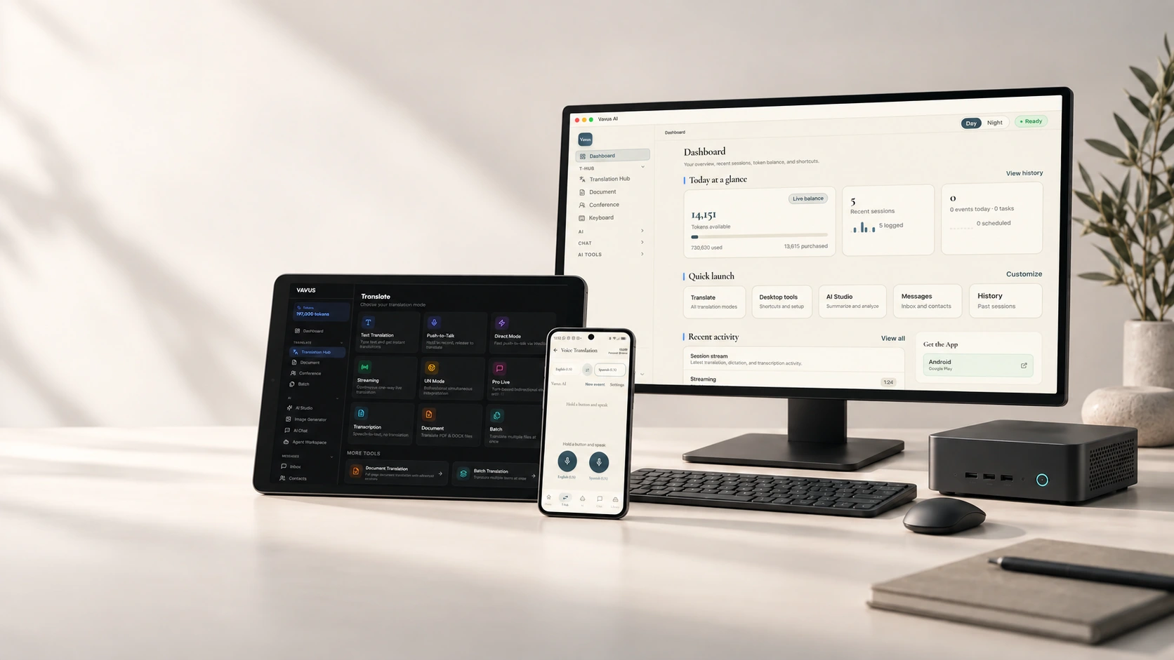 Dona al teu equip els dispositius i les aplicacions que necessita per a la feina. Configurem terminals i tauletes Android amb Vavus OS, traducció, dictat i les eines d'IA que triïs, i planifiquem els servidors que necessitin.